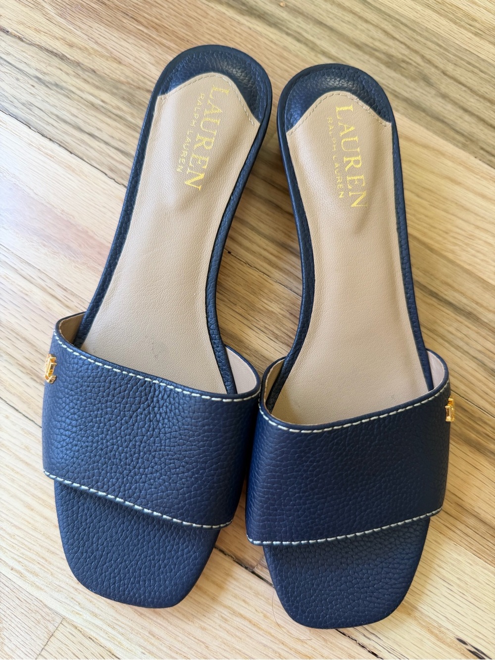Lauren Ralph Lauren Navy Leather Slide Mules with Gold Accent